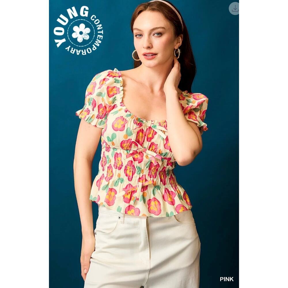 Umgee - Floral Smocked Peplum Blouse - LARGE